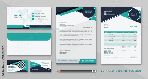 Corporate business stationery template design set with business cards, letterhead, invoice and envelope brand identity package