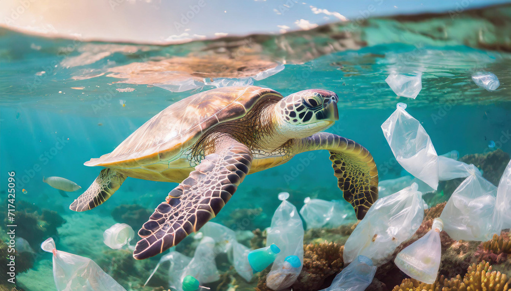 Obraz premium plastic pollution on sea turtles and ocean animal life. Environmental crisis