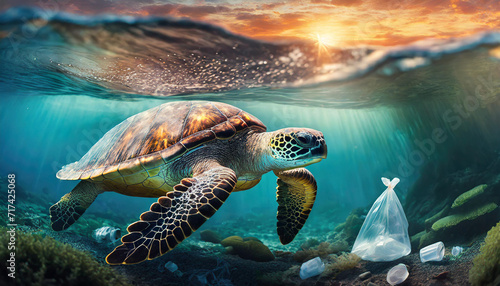 plastic pollution on sea turtles and ocean animal life. Environmental crisis © Your Hand Please