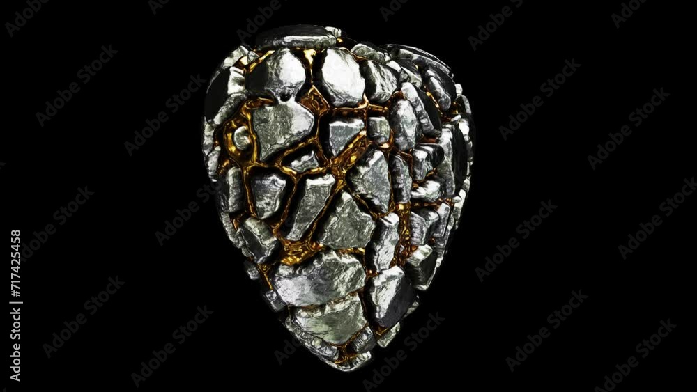 Realistic looping 3D animation of the spinning silver metal heart with precious pure gold inclusions rendered in UHD with alpha matte Realistic looping 3D animation of the spinning silver metal heart with precious pure gold inclusions rendered in UHD with alpha matte
