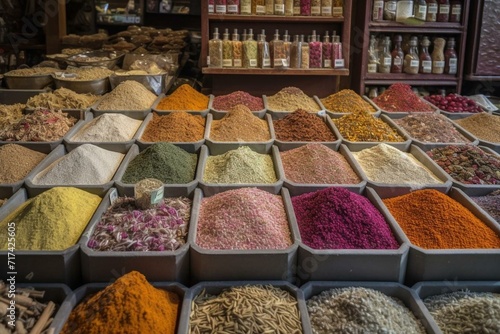 Colorful spices and herbs displayed in a shop. Generative AI