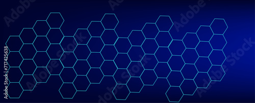 Abstract technology or medical concept blue glowing hexagons shape pattern on dark background. Modern shiny blue lines pattern. Futuristic technology concept. banner, cover. Vector illustration
