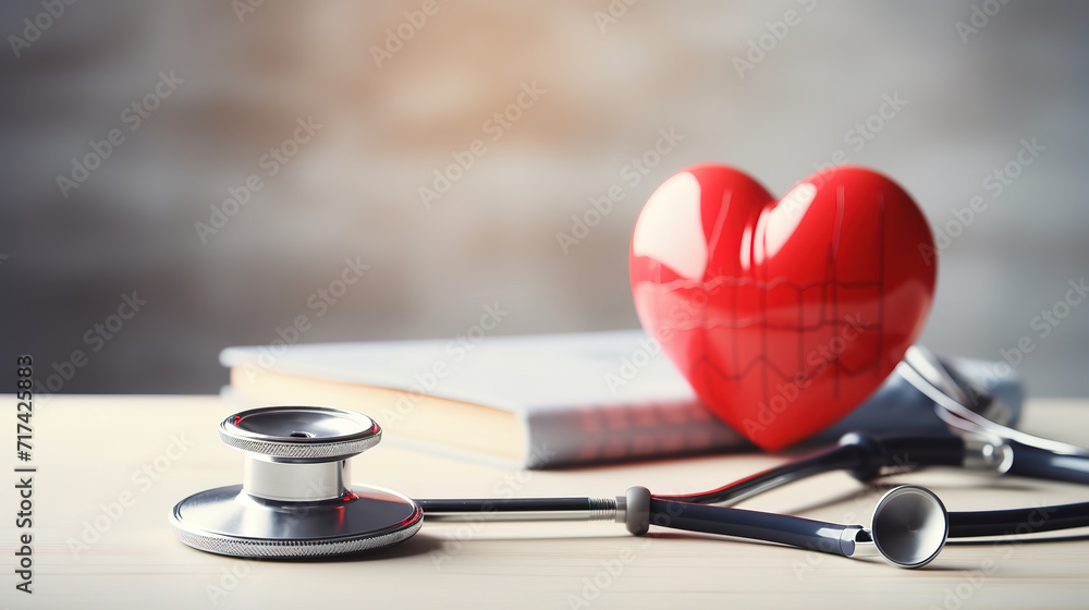 Stethoscope, red heart and cardiogram on gray table, Cardiology concept - obrazy, fototapety, plakaty 
