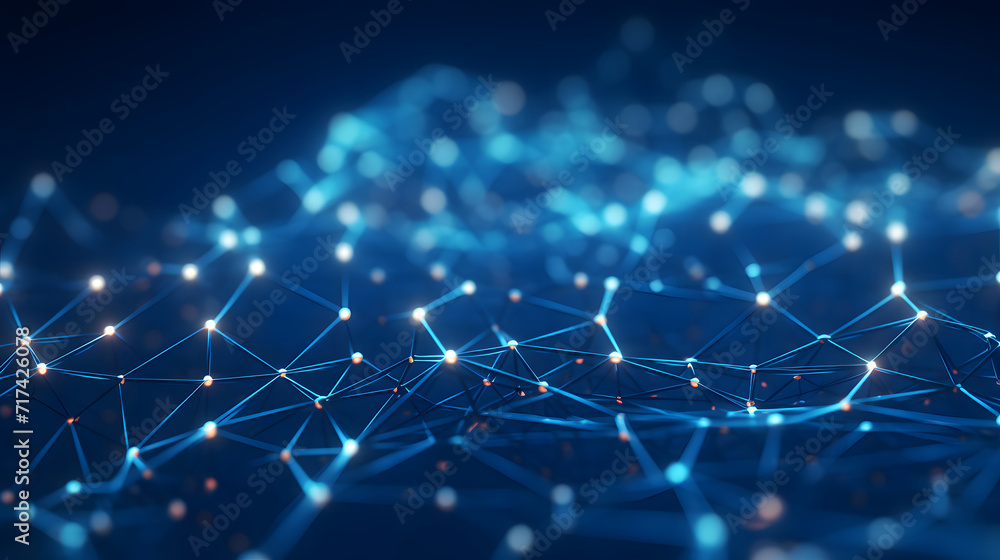 Abstract geometric network on dark blue background, illustrating the concept of network line connections and data connections. Blue lines connected with dots illustrate the network structure. Abstract geometric network on dark blue background, illustrating the concept of network line connections and data connections. Blue lines connected with dots illustrate the network structure.