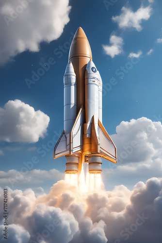 Space Rocket Flying Toward the Clouds