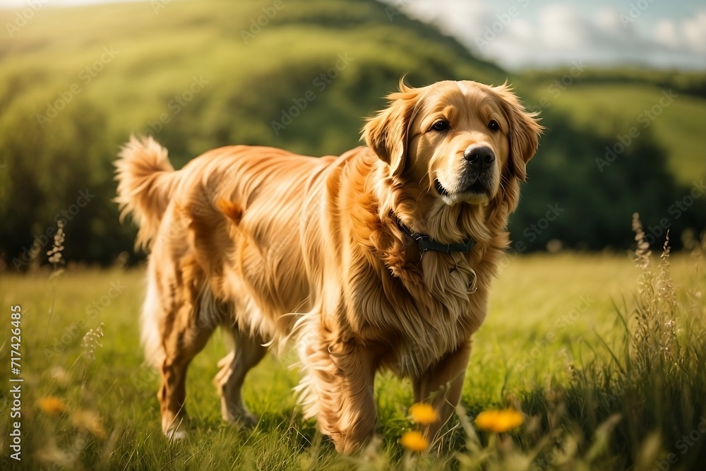 A majestic golden retriever in lush green meadow A majestic golden retriever in lush green meadow