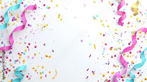 Colorful paper confetti and streamers around an unopened party on a white background