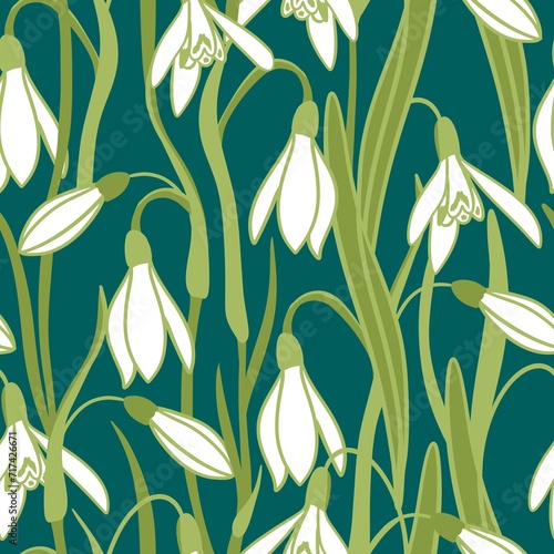Fototapeta Naklejka Na Ścianę i Meble -  Hand drawn seamless pattern of green snowdrop galanthus flower with white leaves. Spring forest plant, pastel nature botanical art, bloom blossom first flower snow wood, realistic petal botany.