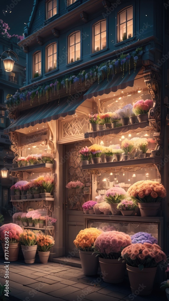 Flower shop, magical vibes, fantasy illustration styles