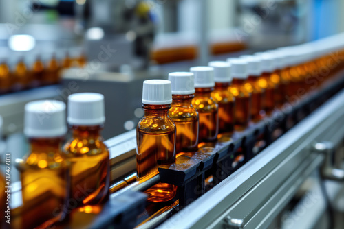 On an automatic conveyor line  there is pharmaceutical manufacturer with glass bottles filled with liquid AI Generation