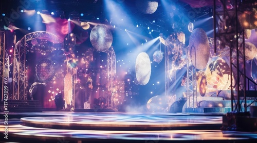 Closeup of intricate, colorful stage design, setting the scene for an immersive theatrical adventure.