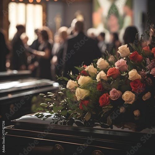 Close view of beautiful floral spray of roses on top of a coffin at a funeral, mourners are visible in the background - Generative AI