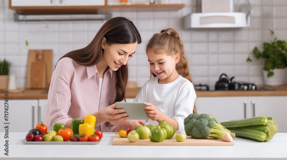 Nutrition and diet planning technology application for personalized meal plan, Mother and kid selecting food together, smart modern lifestyle Nutrition and diet planning technology application for personalized meal plan, Mother and kid selecting food together, smart modern lifestyle