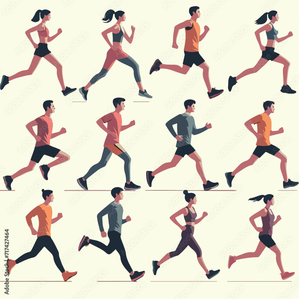 Illustration set of cartoon characters of young people running. simple and minimalist
