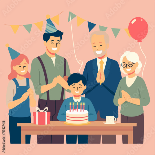 Flat minimalist illustration of family celebrating birthday