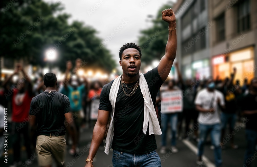 an African American protester in a protest with a group of protesters in a street calling for social justice an African American protester in a protest with a group of protesters in a street calling for social justice
