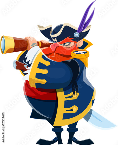 Cartoon pirate, captain and sailor character adorned with a tricorn hat, grips a spyglass eagerly, scanning the horizon for hidden treasures on the high seas. Isolated vector marine rover personage