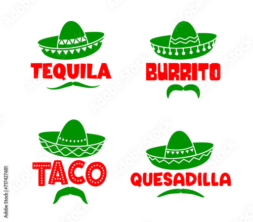 Mexican sombrero hats and moustaches with tequila, burrito, taco and quesadilla, Tex Mex food vector icons. Mexican cuisine restaurant or fast food bar menu signs of sombreros with ethnic ornaments