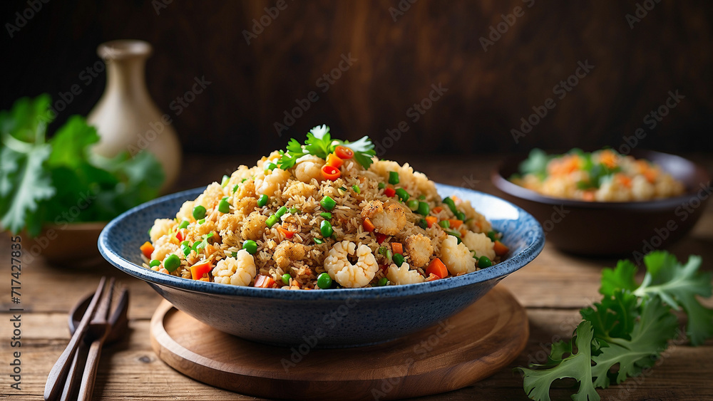 a delicious homemade meal with a side view photograph of a generous serving of cauliflower fried rice elegantly plated on a rustic wooden table a delicious homemade meal with a side view photograph of a generous serving of cauliflower fried rice elegantly plated on a rustic wooden table