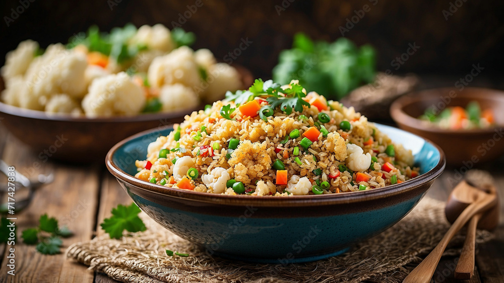 a delicious homemade meal with a side view photograph of a generous serving of cauliflower fried rice elegantly plated on a rustic wooden table a delicious homemade meal with a side view photograph of a generous serving of cauliflower fried rice elegantly plated on a rustic wooden table