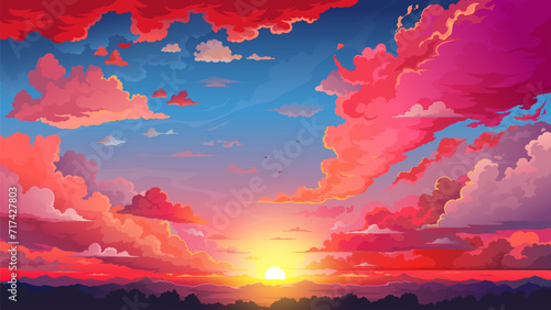Red sky sunset anime background with fluffy clouds and sun. Cartoon vector beautiful nature landscape, vivid bright cloudscape with shining rays over the mountain peaks and tree crowns, evening view photo