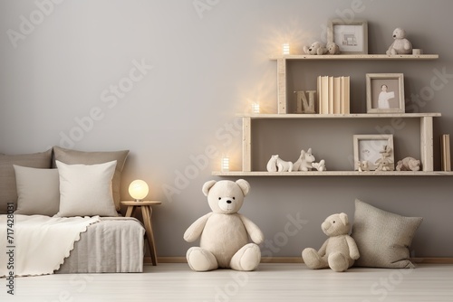 a modern and cozy bedroom with a wooden bed with white linens, a wooden shelf with books and decorations, and a nightstand with a lamp. The bed has a wooden headboard and a white duvet cover.