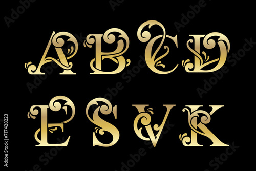 Set of elegant letters. Graceful luxury style. Calligraphic beautiful logo. Vintage drawn alphabet emblem for book design, brand name, business card, Restaurant, Boutique, Hotel. Vector illustration