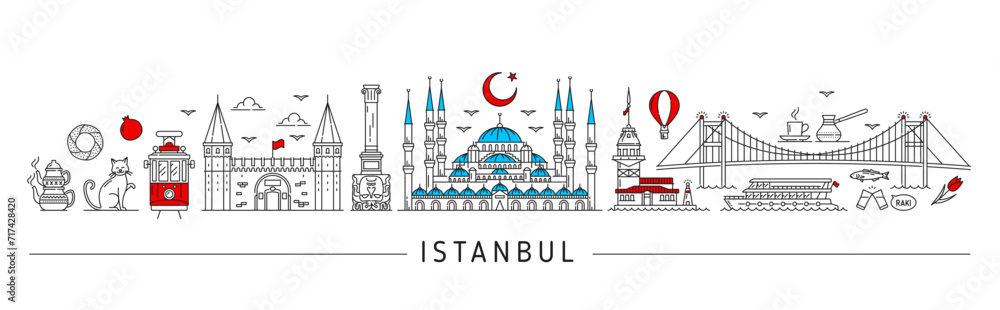 Naklejka premium Istanbul silhouette. Turkish travel landmarks. Kiz Kulesi tower, Topkapi palace museum and Sultan Ahmet mosque buildings, Bosphorus bridge on Turkey travel or journey thin line vector background