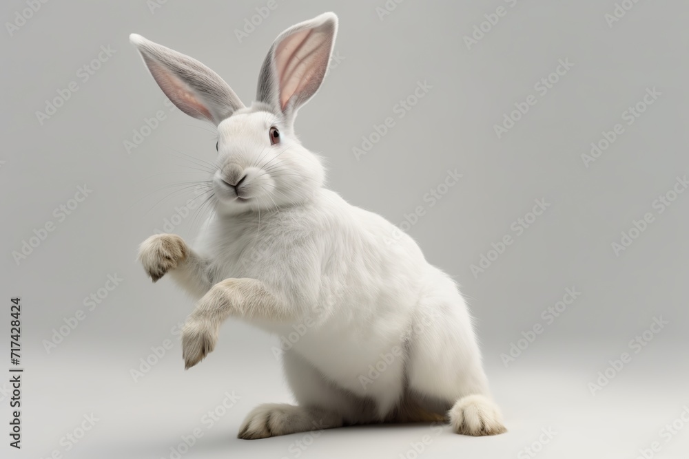 Fototapeta premium Studio shot of a white rabbit isolated on grey background. 3d render.