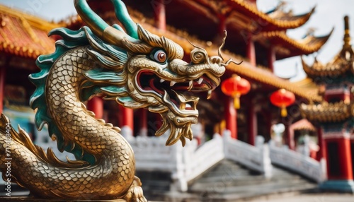 Year of the dragon. Colorful dragon statue is prominently featured in a temple setting.