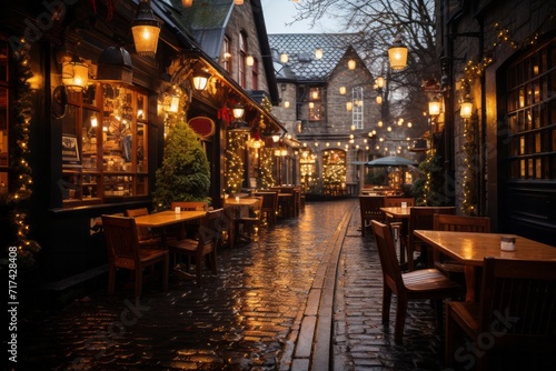 Cozy alleyway lined with pubs and eateries, creating an inviting ambiance in the evening, Generative AI