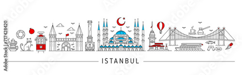 Istanbul silhouette. Turkish travel landmarks. Kiz Kulesi tower, Topkapi palace museum and Sultan Ahmet mosque buildings, Bosphorus bridge on Turkey travel or journey thin line vector background photo