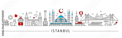 Istanbul silhouette. Turkish travel landmarks. Kiz Kulesi tower, Topkapi palace museum and Sultan Ahmet mosque buildings, Bosphorus bridge on Turkey travel or journey thin line vector background