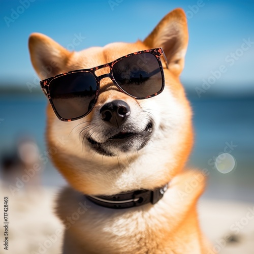 Shiba inu dog with sunglasses on the beach. Selective focus © Obsidian