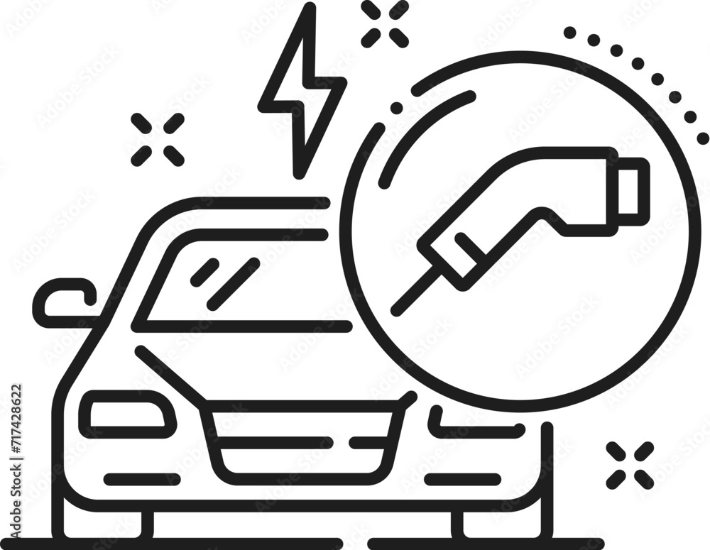 Electric car dealer, dealership, auto company outline icon. Automobile service salon, used vehicle buy distributor or car rental dealership outline vector symbol with electric vehicle charging cable