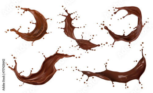 Realistic chocolate milk drink splash with splatters. Beverage swirl flow, wave and drops 3d set of vector cocoa, hot chocolate, melted choco candy, sauce and milk shake, sweet dessert food and drink photo