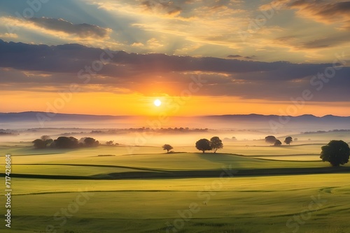 A panoramic shot capturing the beauty of a rural sunrise over vast farmland