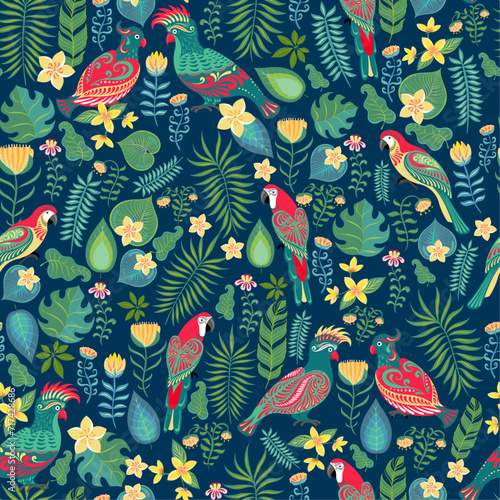 Bright parrots with ornament on the background of tropical flowers and leaves.