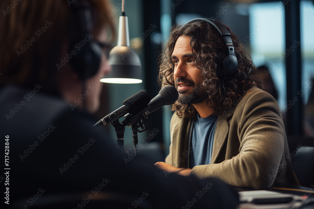 Long hair guy with headphones in a live stream radio podcast Long hair guy with headphones in a live stream radio podcast