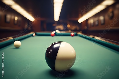 A pool cue striking the cue ball in a strategic billards match