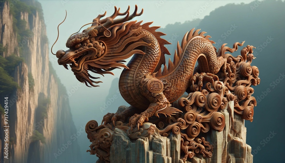 Obraz premium Chinese Wood Dragon carving on tower of mountain pinnacle with background of foggy misty Asian landscape.