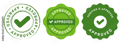 Approved stamp seal emblem logo badge graphic circle set approval check mark green color photo