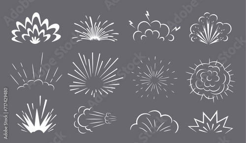 Bomb explosion smoke and rays of boom blast clouds, vector comic cartoon effect. Bomb explode or fire bang of firework, energy explosives and TNT dynamite explosion with boom flash burst rays