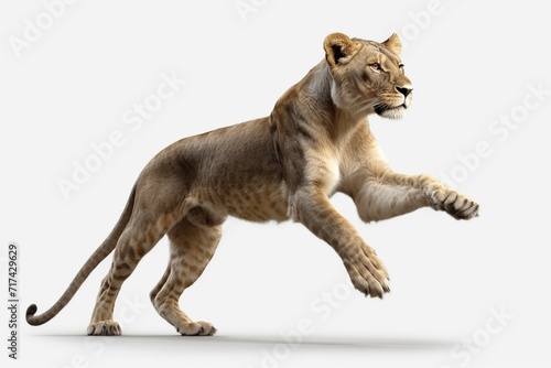Lioness walking isolated on white background. Side view. 3D illustration