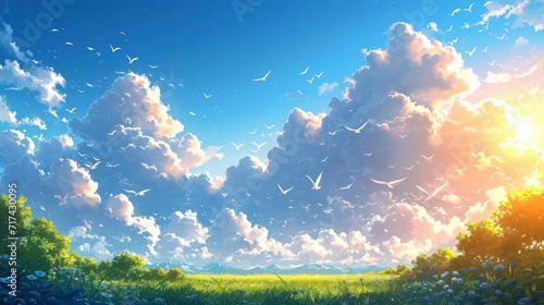 Blue Sky White Clouds Flying Birds, Background Banner HD