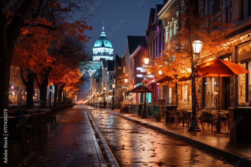 Fototapeta premium Famous city avenue filled with multi-story restaurants, creating a stunning cityscape, Generative AI