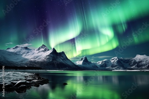 Beautiful mountain views with wavy green aurora skies. generative ai © original logo
