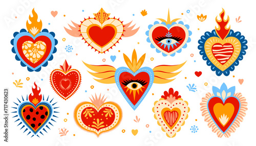 Mexican sacred hearts, vibrant and whimsical cartoon vector set featuring lively colors and intricate details. Each heart radiates cultural charm, blending tradition with a playful and joyful spirit