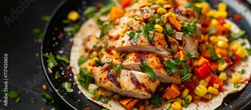 Grilled chicken, corn, sweet potato, red pepper, and parsley stuffed into a flour tortilla shell and served on a black plate.
