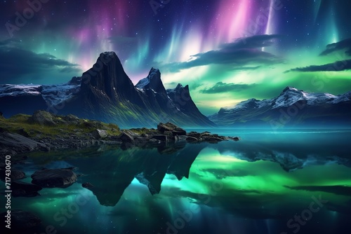 Beautiful mountain views with wavy green aurora skies. generative ai